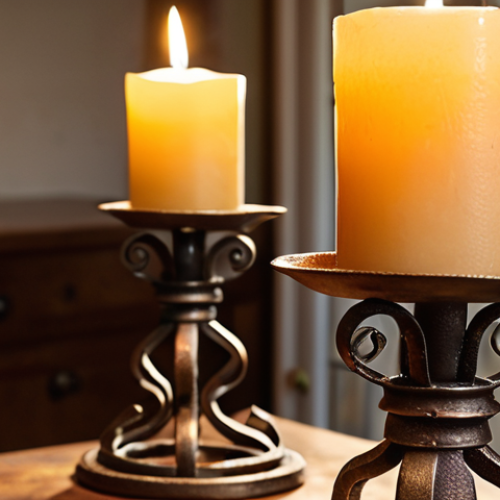 Visual Storytelling - Hand-Forged Candlesticks**

Prompt: Close-up, professional product photography. Hand-forged iron candlesticks with intricate designs. Warm, inviting lighting. Lifestyle shot. Candlesticks displayed in a beautifully decorated home interior. Focus on texture and detail. Depth of field. High resolution. Golden hour.

**