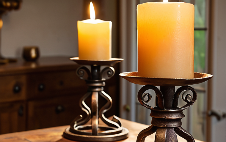 Visual Storytelling - Hand-Forged Candlesticks**

Prompt: Close-up, professional product photography. Hand-forged iron candlesticks with intricate designs. Warm, inviting lighting. Lifestyle shot. Candlesticks displayed in a beautifully decorated home interior. Focus on texture and detail. Depth of field. High resolution. Golden hour.

**