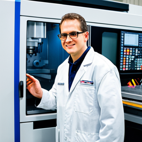 Home 8 A skilled machinist, fully clothed in a clean, professional shop coat and safety glasses, stands confidently beside a modern 5-axis CNC machining center. The setting is a brightly lit, high-tech manufacturing facility with a spotless floor and organized workbenches displaying precision aluminum components. Visible within the machine's enclosure are finely machined aluminum chips, highlighting efficient chip evacuation. The scene conveys technological innovation and attention to detail. Professional photography, high resolution, sharp focus, vibrant colors, natural lighting, perfect anatomy, correct proportions, natural pose, well-formed hands, proper finger count, natural body proportions, safe for work, appropriate content, modest clothing, professional.