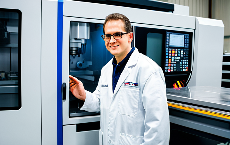A skilled machinist, fully clothed in a clean, professional shop coat and safety glasses, stands confidently beside a modern 5-axis CNC machining center. The setting is a brightly lit, high-tech manufacturing facility with a spotless floor and organized workbenches displaying precision aluminum components. Visible within the machine's enclosure are finely machined aluminum chips, highlighting efficient chip evacuation. The scene conveys technological innovation and attention to detail. Professional photography, high resolution, sharp focus, vibrant colors, natural lighting, perfect anatomy, correct proportions, natural pose, well-formed hands, proper finger count, natural body proportions, safe for work, appropriate content, modest clothing, professional.