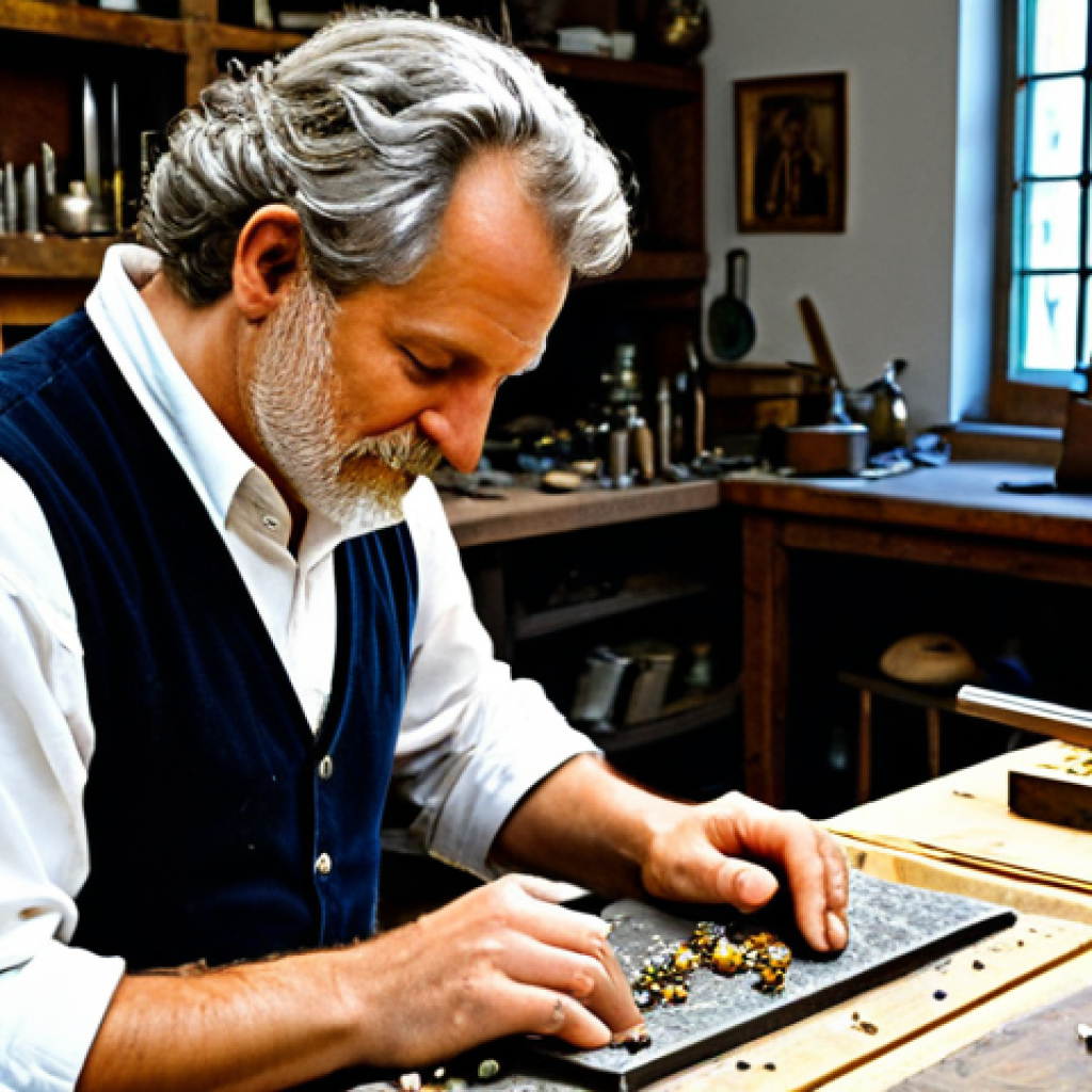 Renaissance Goldsmith**

"A Renaissance goldsmith in his workshop, meticulously crafting a jewel-encrusted pendant, fully clothed, appropriate attire, safe for work, detailed tools, workbench with various metals and gemstones, soft lighting, perfect anatomy, natural proportions, professional, modest, family-friendly."

**