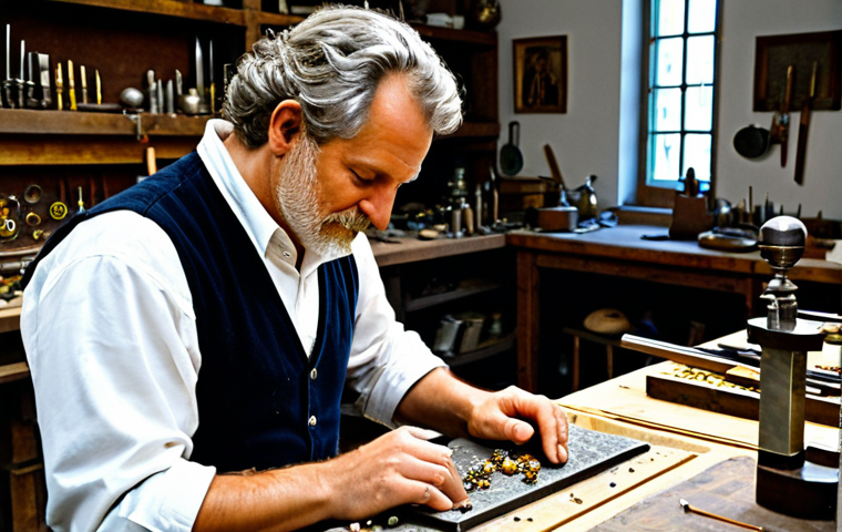 Renaissance Goldsmith**

"A Renaissance goldsmith in his workshop, meticulously crafting a jewel-encrusted pendant, fully clothed, appropriate attire, safe for work, detailed tools, workbench with various metals and gemstones, soft lighting, perfect anatomy, natural proportions, professional, modest, family-friendly."

**
