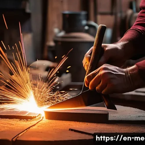 금속 조각과 조형 기법 - A skilled metal artist in a workshop, hammering heated steel on a heavy anvil, sparks flying gently,...