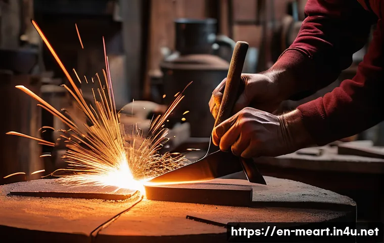 금속 조각과 조형 기법 - A skilled metal artist in a workshop, hammering heated steel on a heavy anvil, sparks flying gently,...