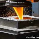 샌드캐스팅과 로스트왁스 비교 - A detailed industrial workshop scene showing the sand casting process in action: a large, rough-text...