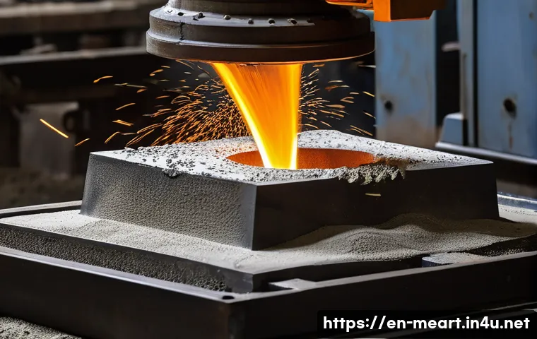 샌드캐스팅과 로스트왁스 비교 - A detailed industrial workshop scene showing the sand casting process in action: a large, rough-text...