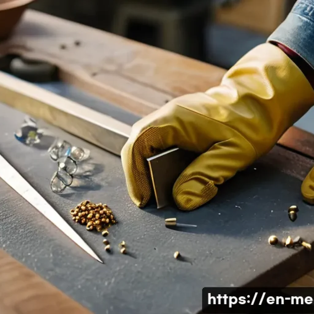 황동 세공 기초 - A detailed close-up of a skilled artisan’s hands working on a brass jewelry piece, wearing protectiv...