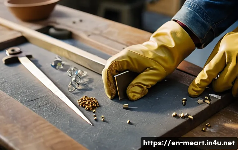 황동 세공 기초 - A detailed close-up of a skilled artisan’s hands working on a brass jewelry piece, wearing protectiv...