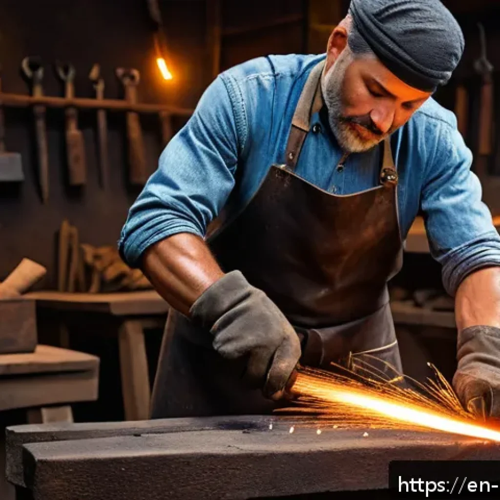 전통 금속공예 기법 - A skilled blacksmith in a traditional workshop, hammering a glowing hot piece of steel on an anvil, ...
