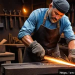 전통 금속공예 기법 - A skilled blacksmith in a traditional workshop, hammering a glowing hot piece of steel on an anvil, ...