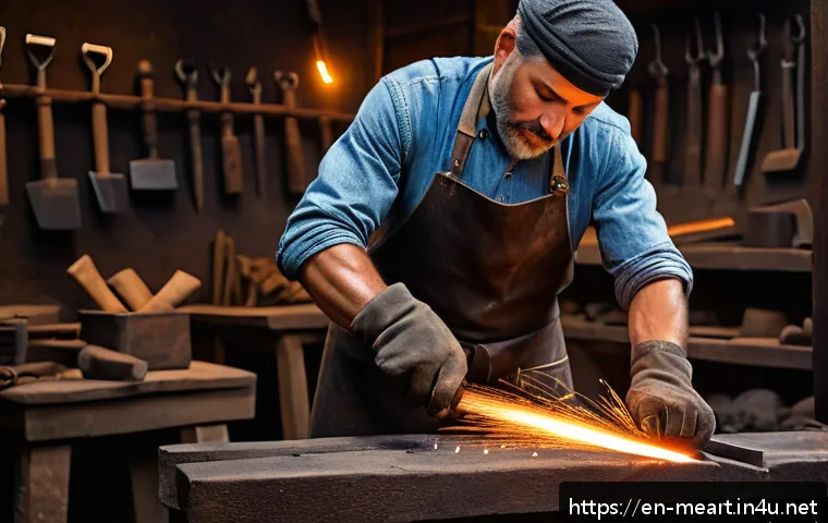 전통 금속공예 기법 - A skilled blacksmith in a traditional workshop, hammering a glowing hot piece of steel on an anvil, ...
