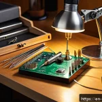 금속공예 도구 종류 - A highly detailed close-up scene of a craftsman’s workspace focused on fine-tip soldering irons with...