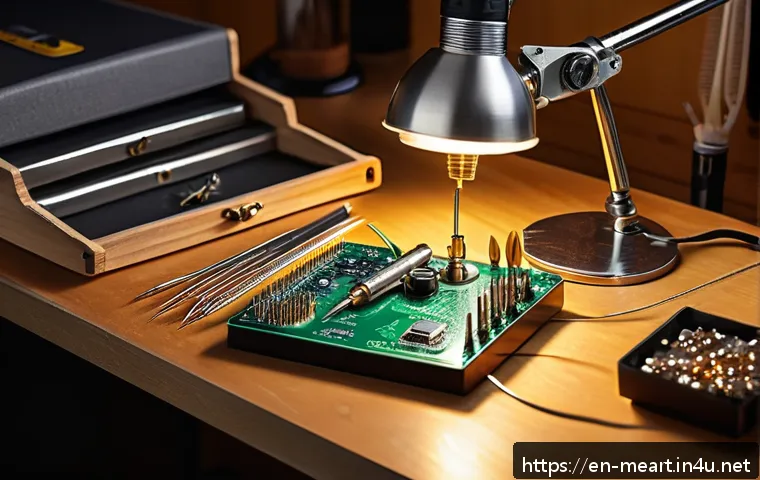 금속공예 도구 종류 - A highly detailed close-up scene of a craftsman’s workspace focused on fine-tip soldering irons with...