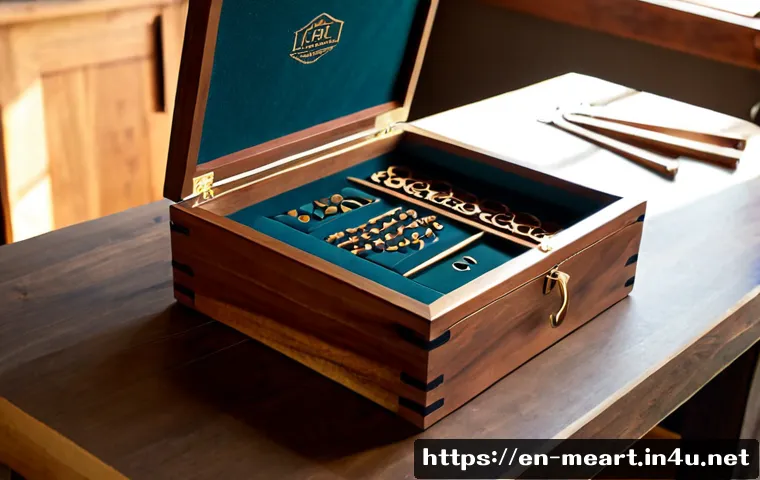 목공예와 금속공예 조합 - Photorealistic artisan workbench featuring a handcrafted walnut jewelry box with brushed brass corne...